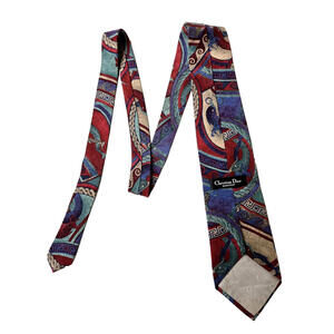 Christian Dior Monsieur Vintage Red Blue Geometric Fish Silk Necktie Tie Mens